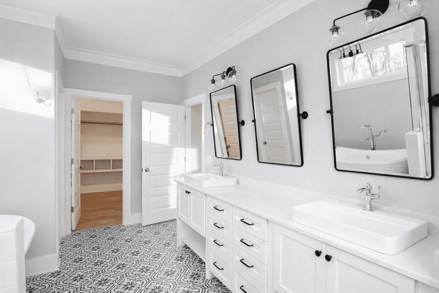 White and Black Tile Bathroom | Mebane NC New Homes