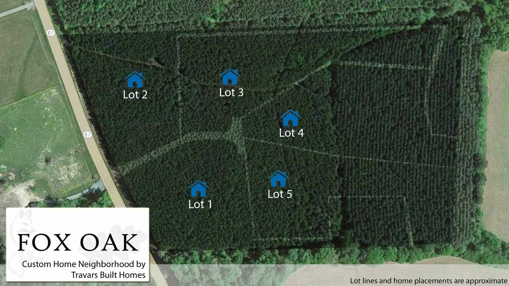 Fox Oak lot placement map showing Lots 1 through 5