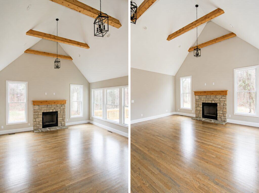 Dual-perspective view of an elegant open great room showcasing premium hardwood floors, a stone fireplace accent wall, rustic ceiling beams, and clean craftsman trim work.