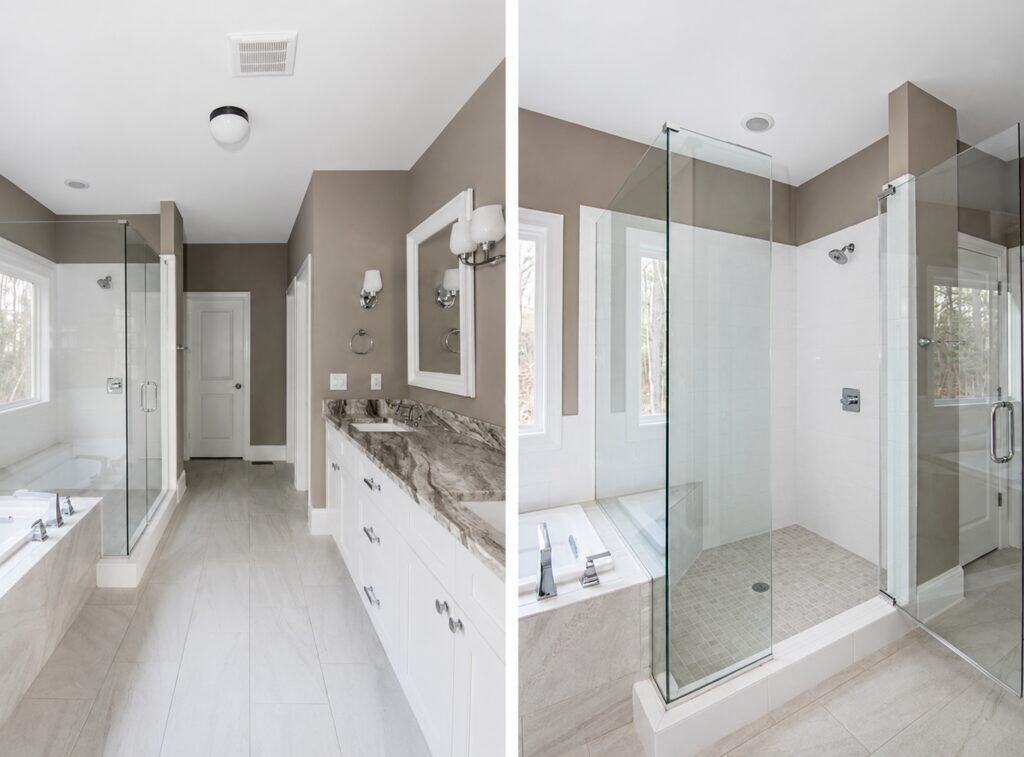 Split-screen view of a modern master bathroom design, highlighting a long double vanity with stone countertops and a spacious frameless glass walk-in shower with clean white tile and a built-in bench.