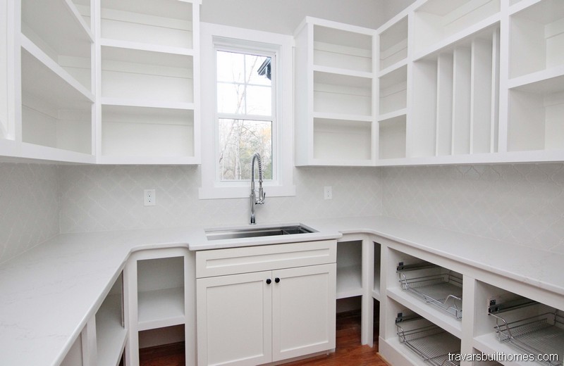 Small Butler Pantry with Microwave and Glass Front Beverage Fridge