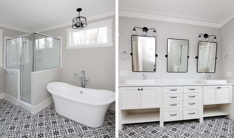 White and Black Modern Farmhouse Bath | Mebane NC New Homes