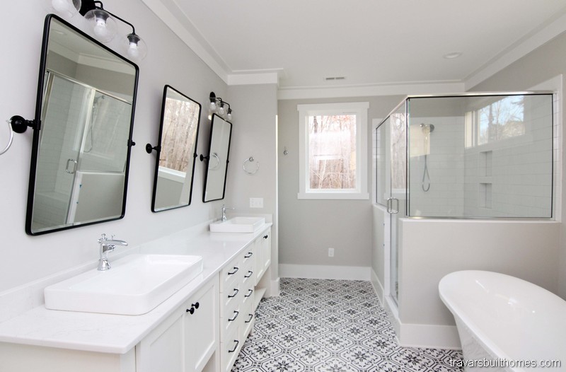 White Modern Farmhouse Bathrooms | Mebane NC New Homes