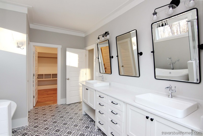 White and Black Tile Bathroom | Mebane NC New Homes