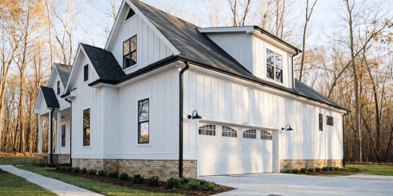 White and Black Modern Farmhouse Exterior | Mebane NC New Homes