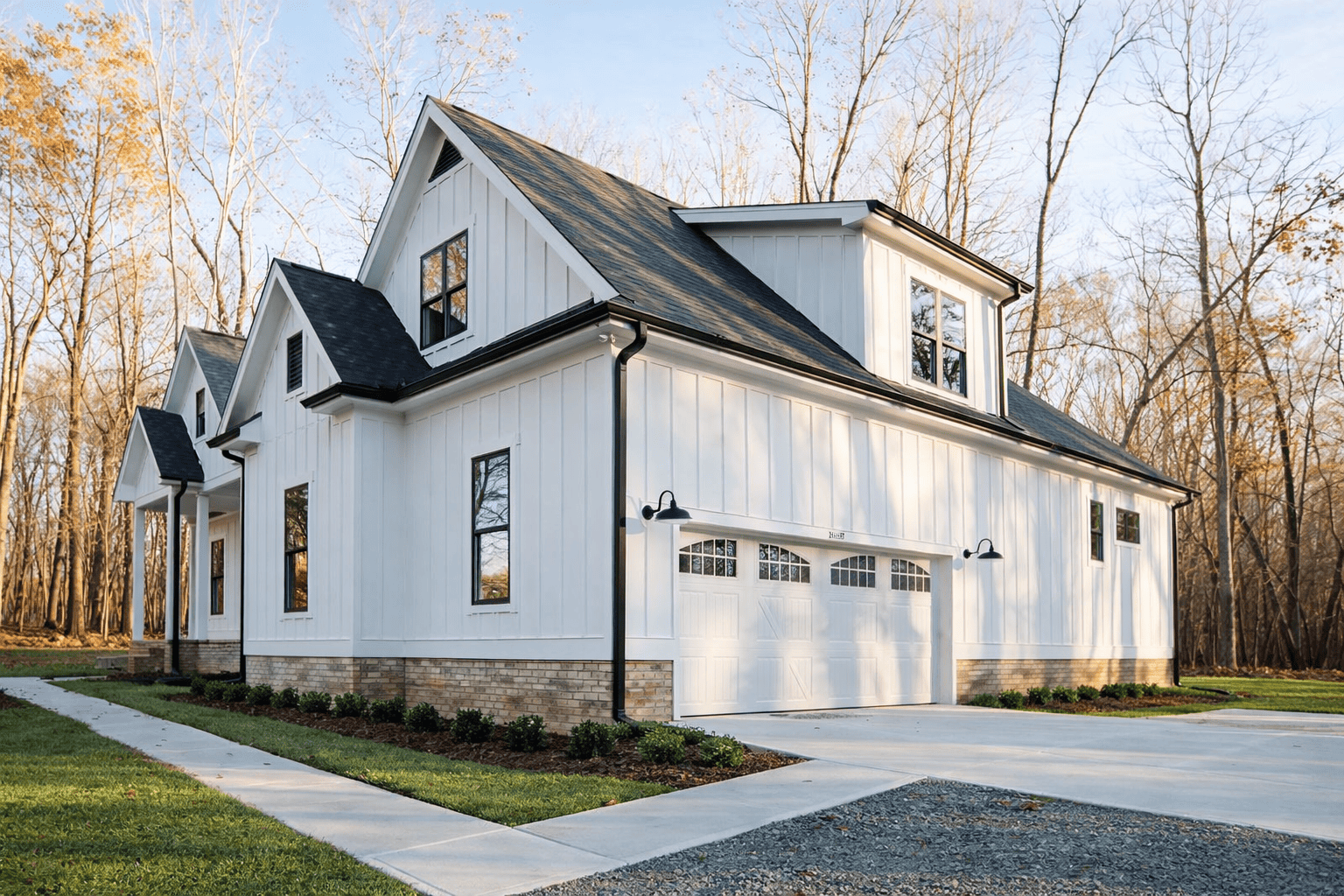 White and Black Modern Farmhouse Exterior | Mebane NC New Homes