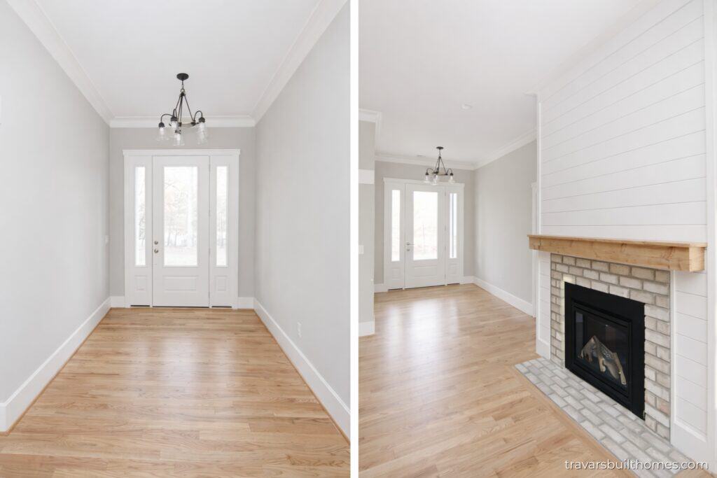 Split perspective detailing a wide, sunlit front entry foyer on the left, and an open sightline highlighting the texture of a custom white shiplap fireplace column on the right, designed by Travars Built Homes.