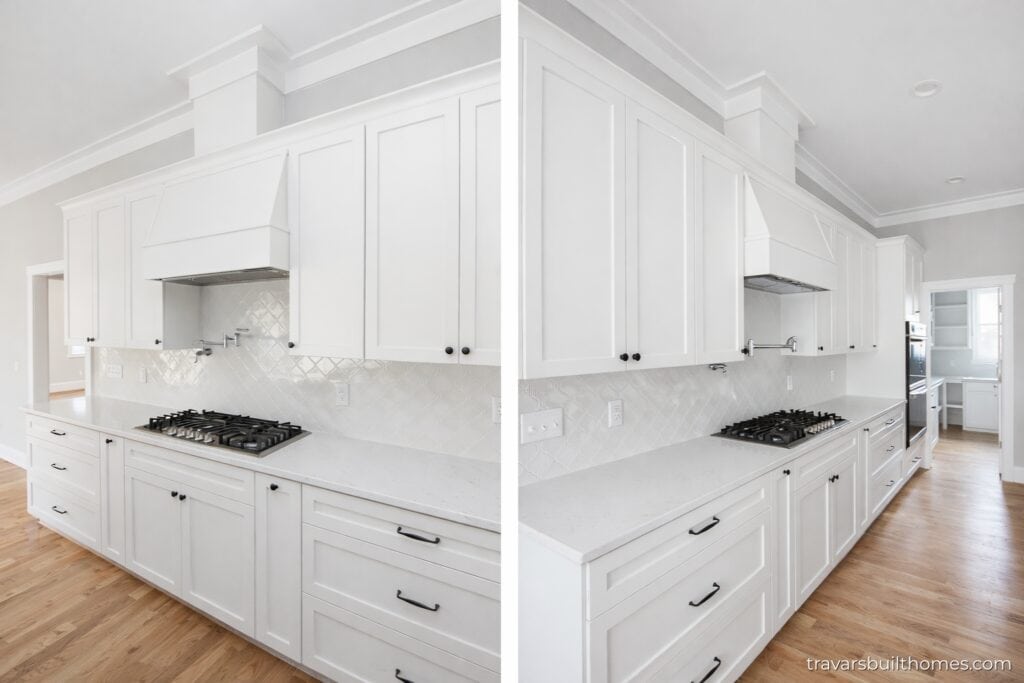 Split perspective detailing high-end white perimeter cabinetry featuring a professional gas range and stainless steel pot filler nestled against a glossy arabesque-textured backsplash tile, with a view looking down the line to a scullery, crafted by Travars Built Homes.