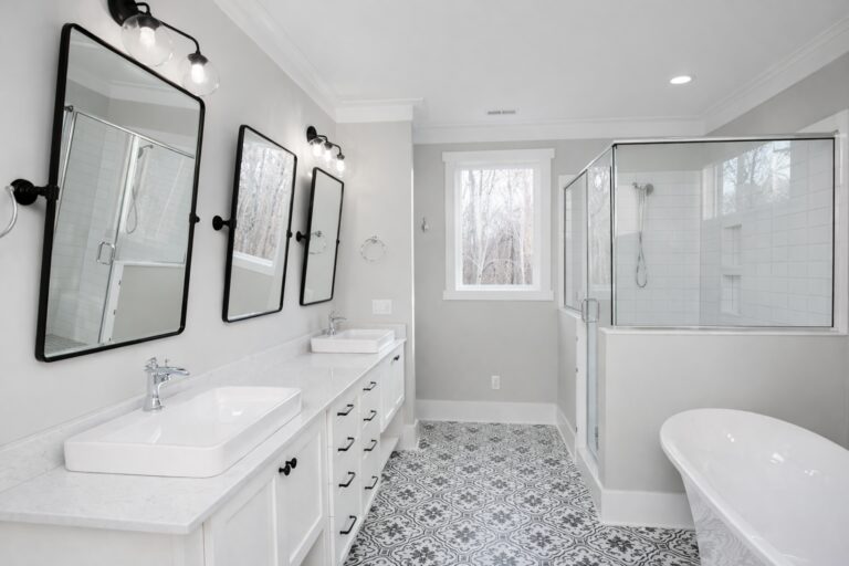 White Modern Farmhouse Bathrooms | Mebane NC New Homes