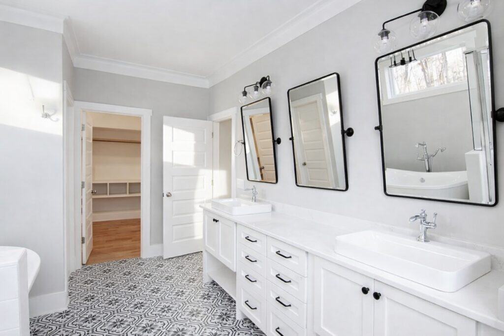 White and Black Tile Bathroom | Mebane NC New Homes
