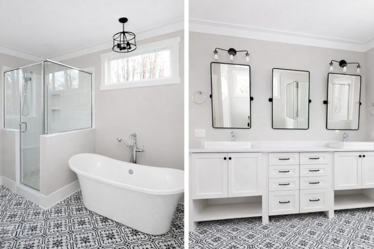 White and Black Modern Farmhouse Bath | Mebane NC New Homes