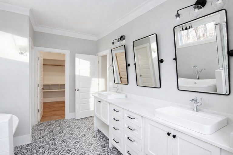 White and Black Tile Bathroom | Mebane NC New Homes