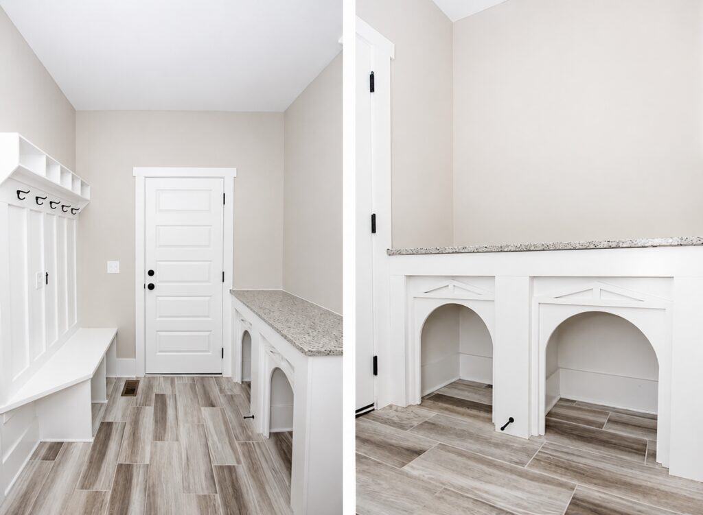 Split view of an innovative custom mudroom detailing a white drop-zone bench with coat hooks on the left, alongside a built-in double dog kennel station topped with polished granite on the right, crafted by Travars Built Homes.
