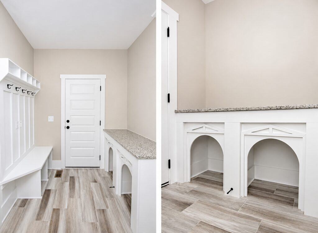 Split perspective of a functional mudroom showcasing a white drop-zone bench with storage cubbies on the left, alongside a custom double dog kennel station topped with polished granite on the right, built by Travars Built Homes.