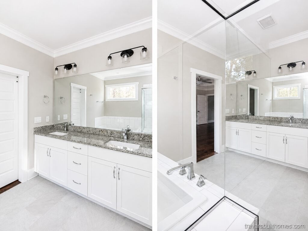 Split view of a luxury primary bathroom detailing a long white double vanity with a speckled granite countertop on the left, and a close-up of a seamless glass-enclosed shower stall on the right, designed by Travars Built Homes.