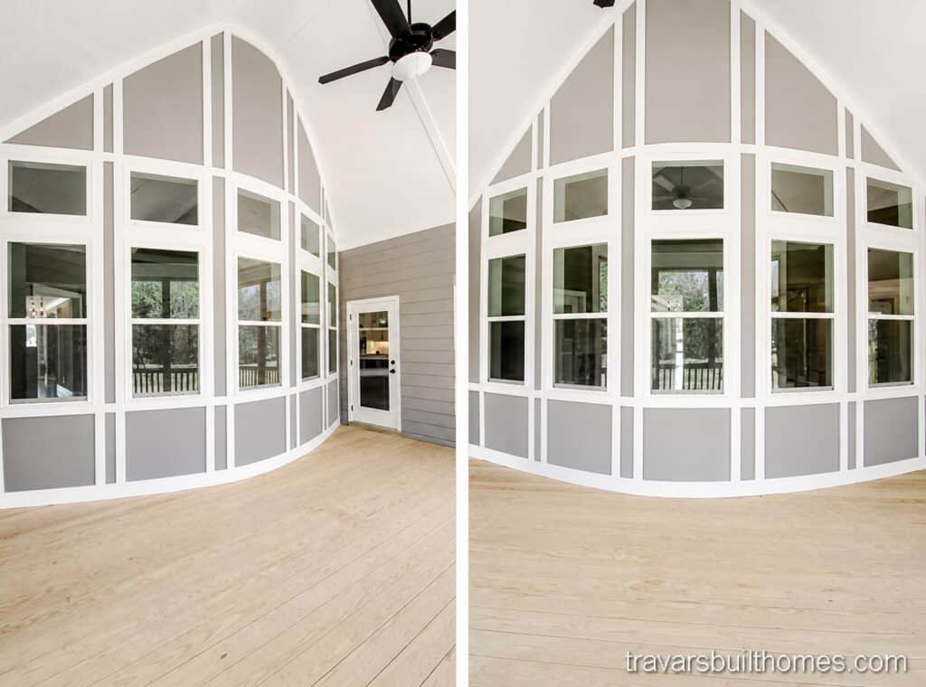 Split interior perspective of a spectacular vaulted screened porch, showcasing a dramatic, custom curved window wall with bold white grid molding and continuous outdoor flooring, crafted by Travars Built Homes.