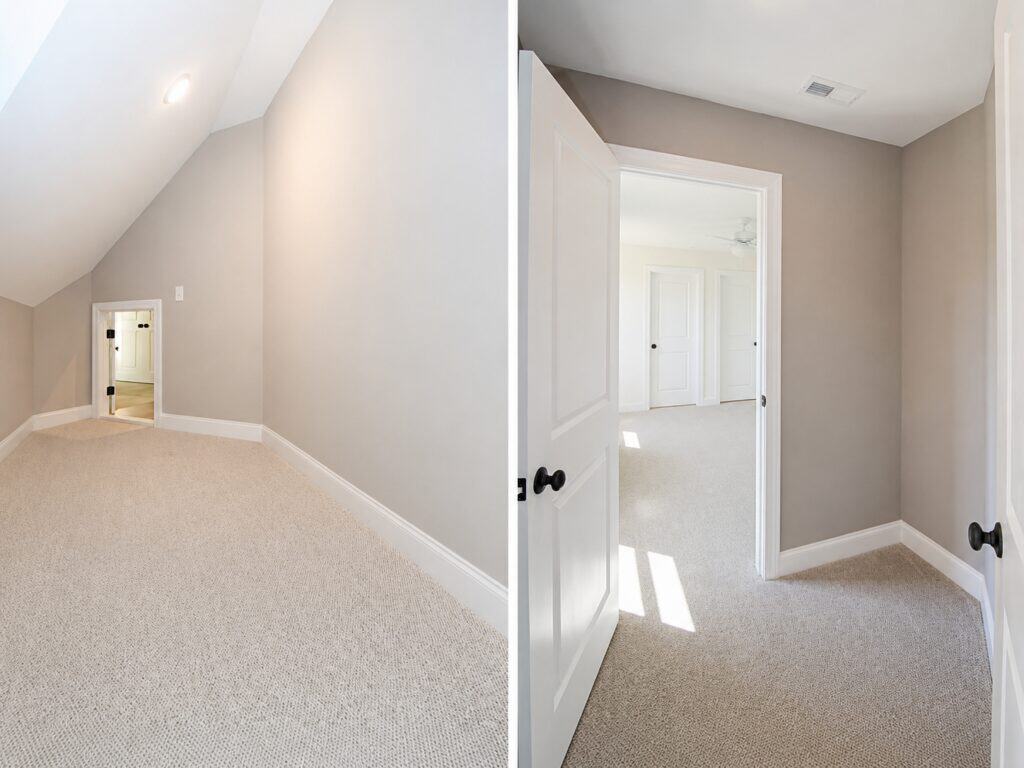 Split view highlighting playful secret spaces, featuring a tiny custom crawl-space entry door under a sloped ceiling on the left, and a small finished closet hideaway on the right, crafted by Travars Built Homes.