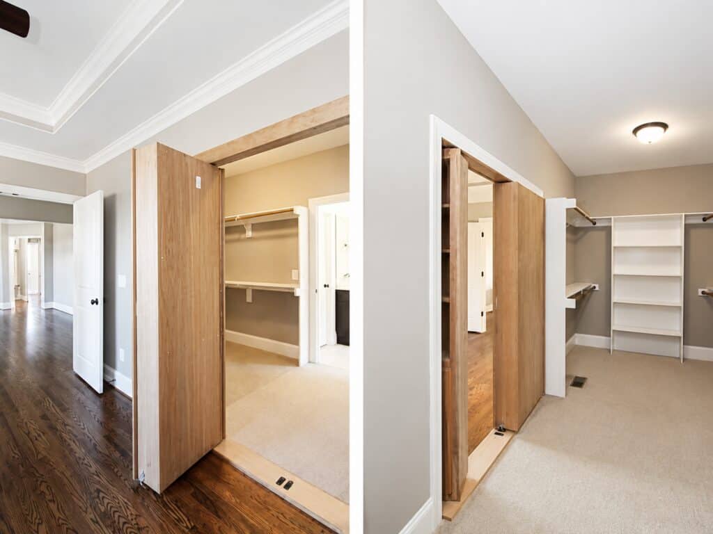 Split perspective showcasing a magnificent wooden hidden bookcase door (Murphy door) that opens to reveal a spacious carpeted walk-in closet with custom shelving, crafted by Travars Built Homes.