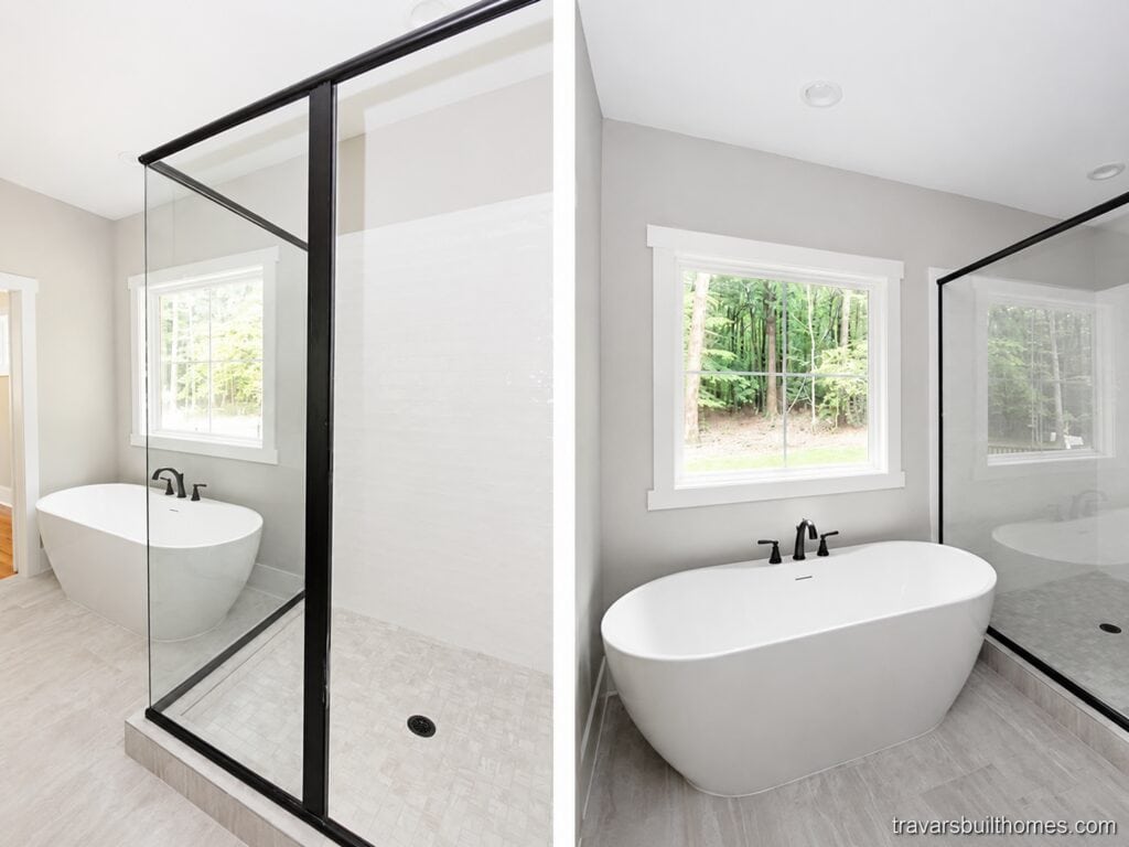 Split perspective detailing a luxurious primary bath layout, showing the glass-enclosed walk-in shower on the left and a close-up view of an oval freestanding soaking tub tucked beneath a bright window on the right, by Travars Built Homes.