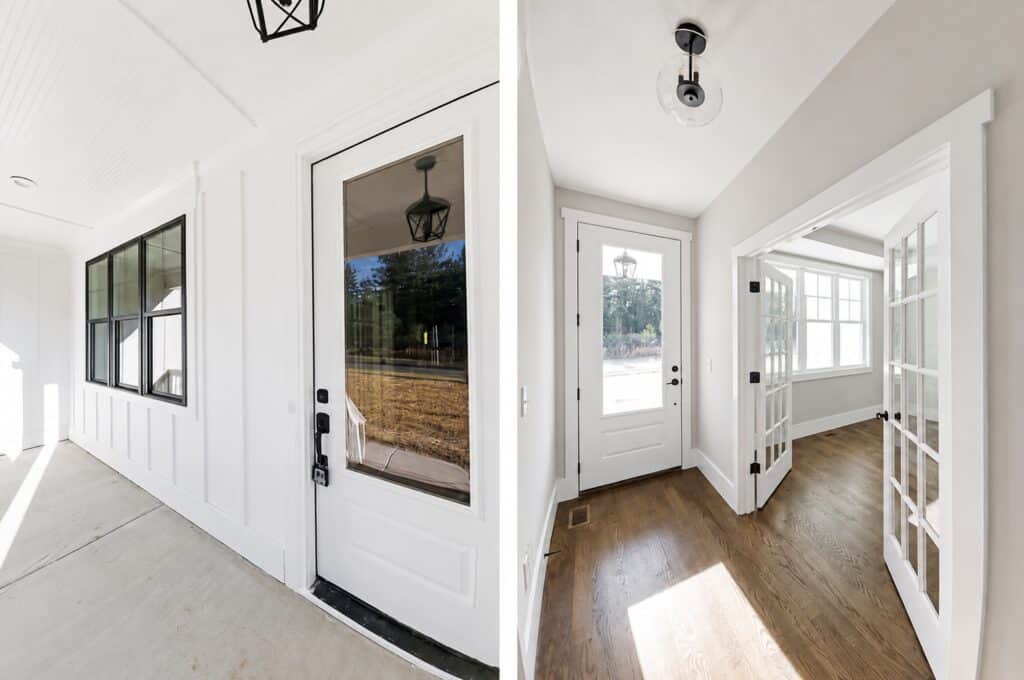 Split perspective of a bright entryway detailing a white front door with a glass panel on the left, alongside a hallway view showing rich hardwood floors leading to double French doors on the right, designed by Travars Built Homes.