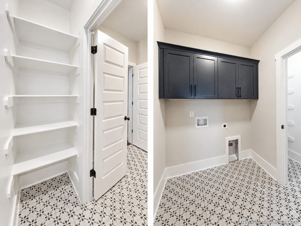 Split layout of a functional custom laundry room detailing floor-to-ceiling white open shelving on patterned floor tile on the left, and dark grey upper cabinetry above washer/dryer hookups on the right, designed by Travars Built Homes.