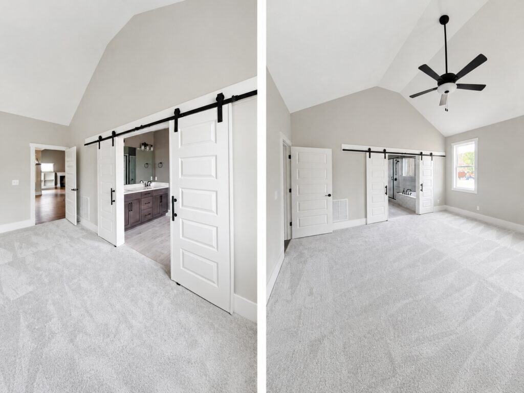 Split view of a primary bedroom detailing white sliding barn doors that reveal the custom en-suite bathroom on the left, and a wider room perspective with the vaulted ceiling on the right, crafted by Travars Built Homes.