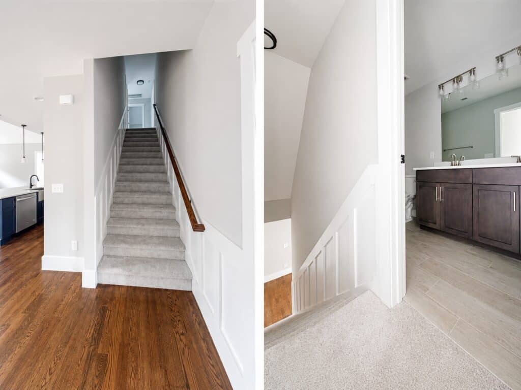 Split perspective detailing a classic staircase with a wooden handrail and white wainscoting on the left, alongside an upstairs landing that leads into a secondary bathroom on the right, built by Travars Built Homes.