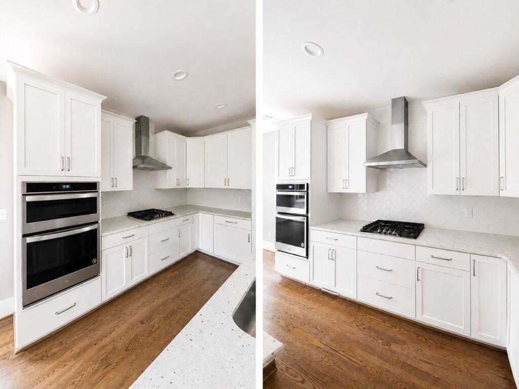 Split view of a bright custom kitchen showcasing crisp white shaker cabinetry, built-in stainless steel double ovens, a gas cooktop with a chimney hood, and a subtle white herringbone tile backsplash, by Travars Built Homes.