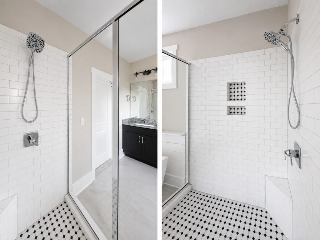 Split perspective of a custom walk-in shower featuring classic white subway tile, a retro black-and-white patterned tile floor, and built-in product niches with matching tile accents, crafted by Travars Built Homes.