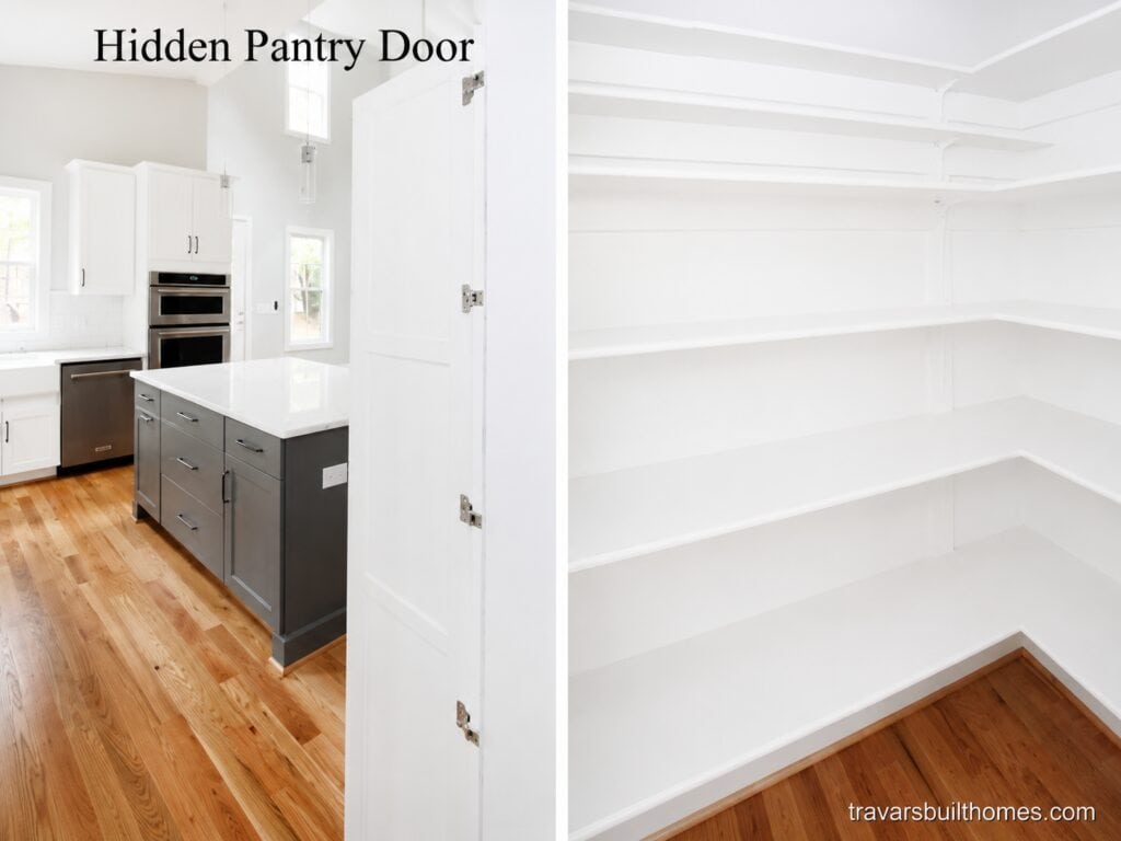 Split view revealing a clever 'hidden' walk-in pantry, with the door disguised as a tall white cabinet panel in the kitchen, opening to reveal extensive floor-to-ceiling white shelving, built by Travars Built Homes.