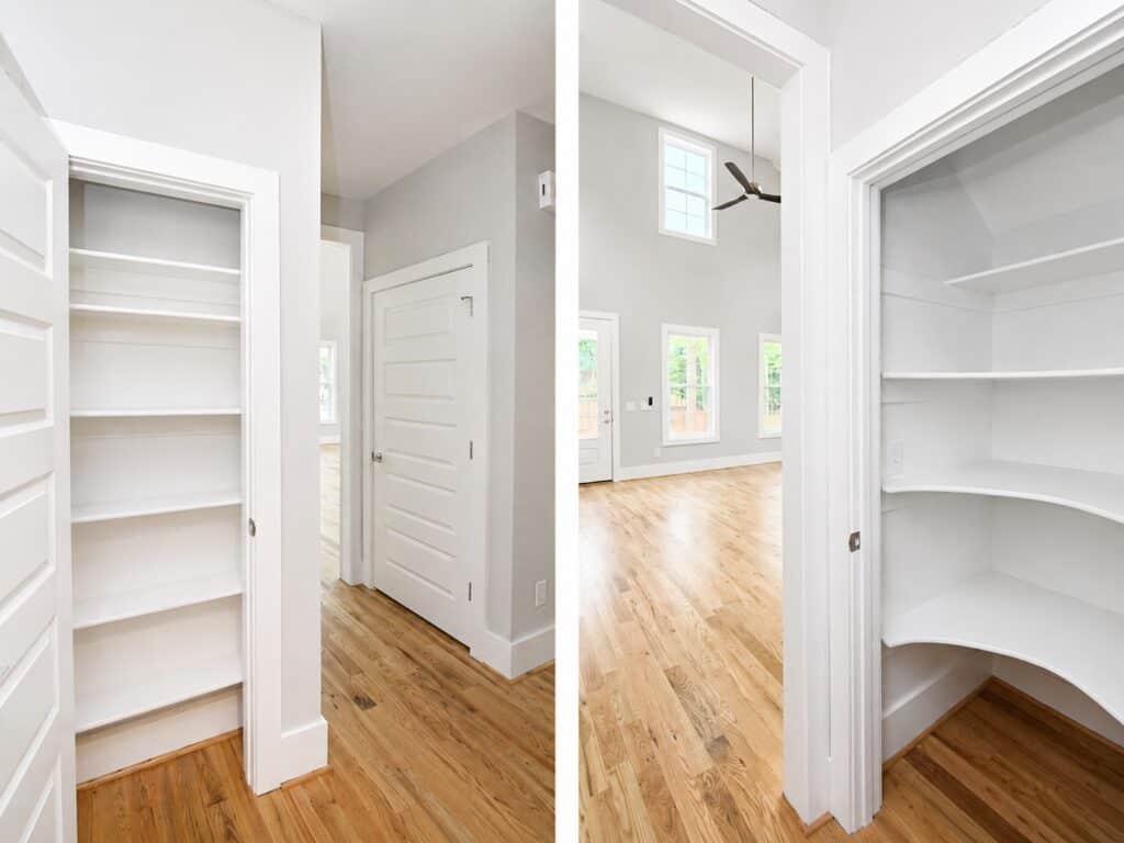 Split view showcasing a hallway with a built-in linen closet on the left, and a closer look at a spacious walk-in storage closet with curved white shelving on the right, crafted by Travars Built Homes.