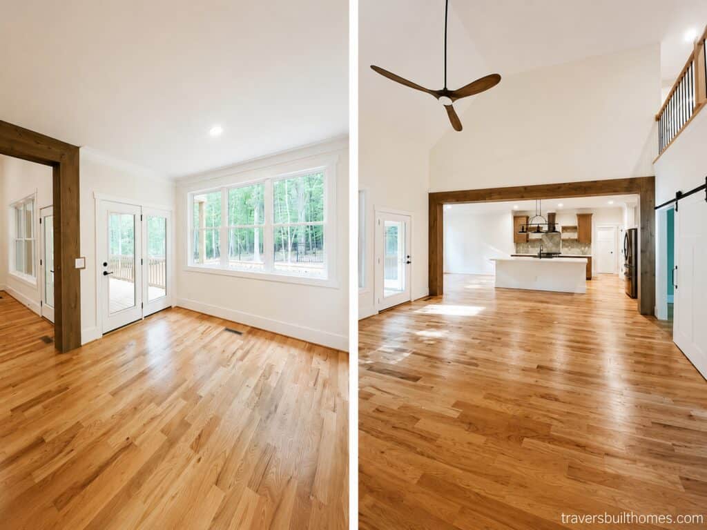 Split perspective of an open-concept living area, highlighting a bright breakfast nook with glass patio doors on the left, and a view through rustic timber beams into the custom kitchen on the right, designed by Travars Built Homes.