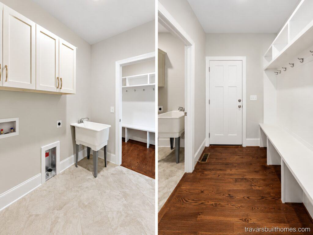 Split perspective showing a functional laundry room with a freestanding utility sink and tile flooring on the left, connecting to a hallway mudroom with a built-in white drop zone bench and dark hardwood floors on the right, crafted by Travars Built Homes.