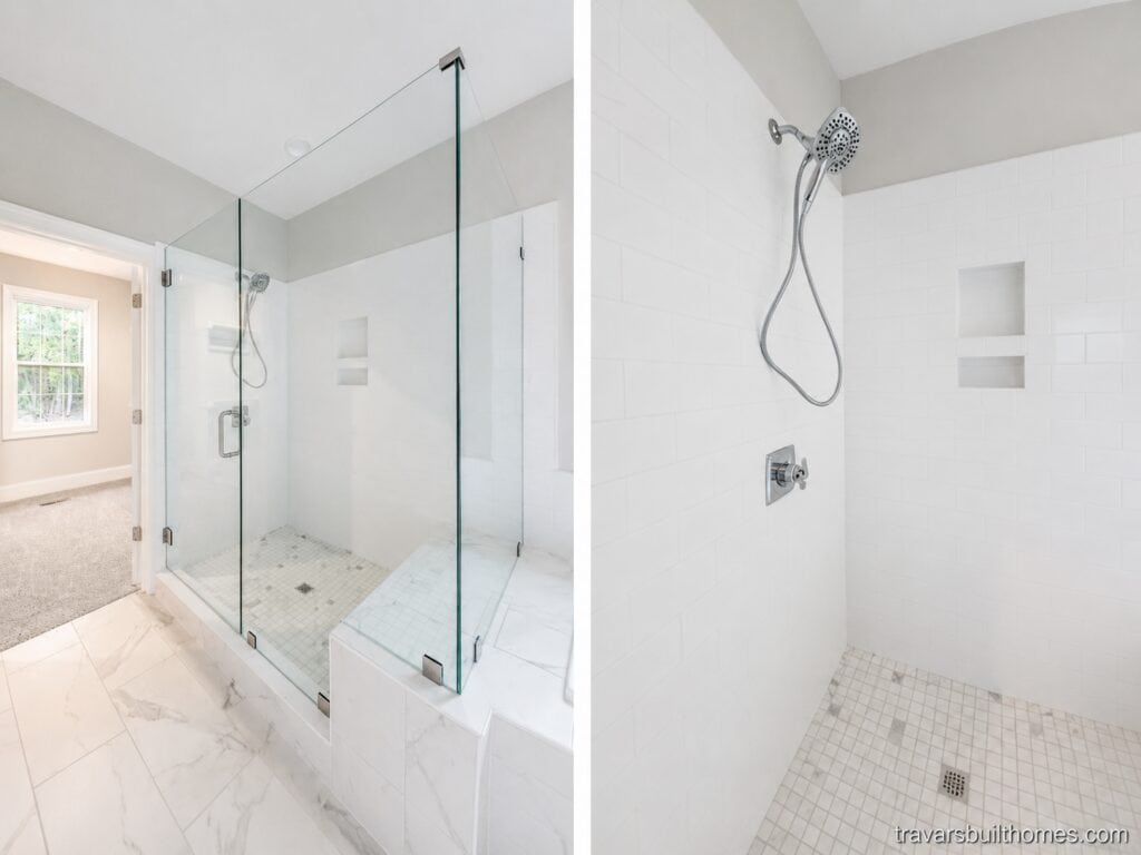 Split perspective of a custom master bathroom detailing a large glass-enclosed walk-in shower with a built-in bench, white subway tile walls, and a recessed product niche, crafted by Travars Built Homes.