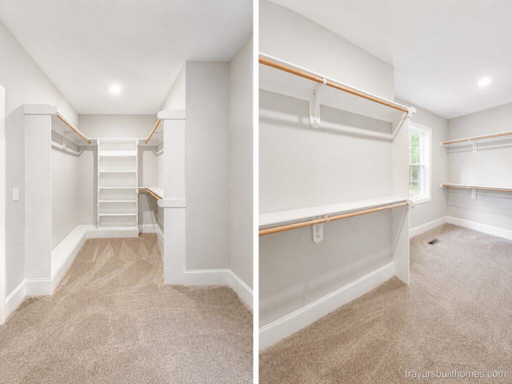 Split view of a spacious custom walk-in closet detailing built-in white laminate shelving towers, dual wooden hanging rods, and soft grey carpeting, built by Travars Built Homes.