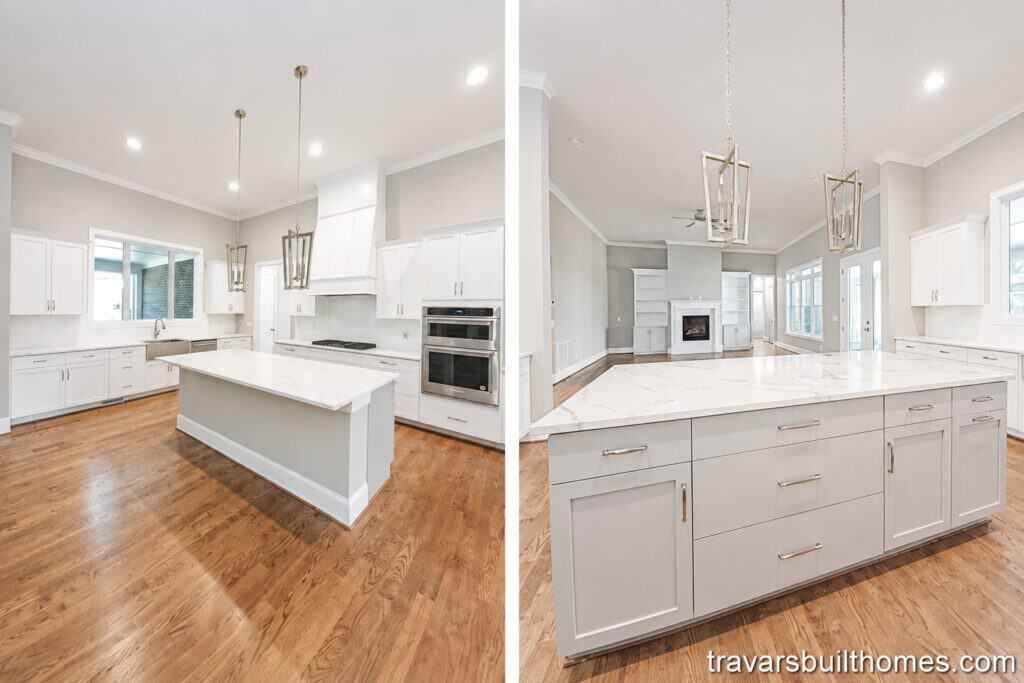 Split-view of a bright custom kitchen showcasing crisp white shaker cabinets, a large quartz-topped island, and a clear open-concept flow into a living area with a fireplace, by Travars Built Homes.