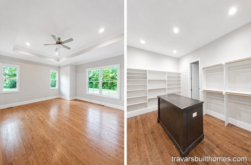 Split perspective detailing a serene primary bedroom with a tray ceiling and warm oak floors on the left, flowing directly into a custom walk-in closet with a dark center island on the right, by Travars Built Homes.