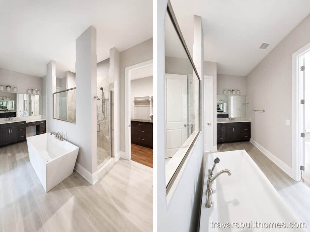 Multi-perspective layout of an elegant master bathroom showcasing a freestanding tub, a large glass-enclosed shower, dark wood double vanities, and light wood-look floor tiles, designed by Travars Built Homes.