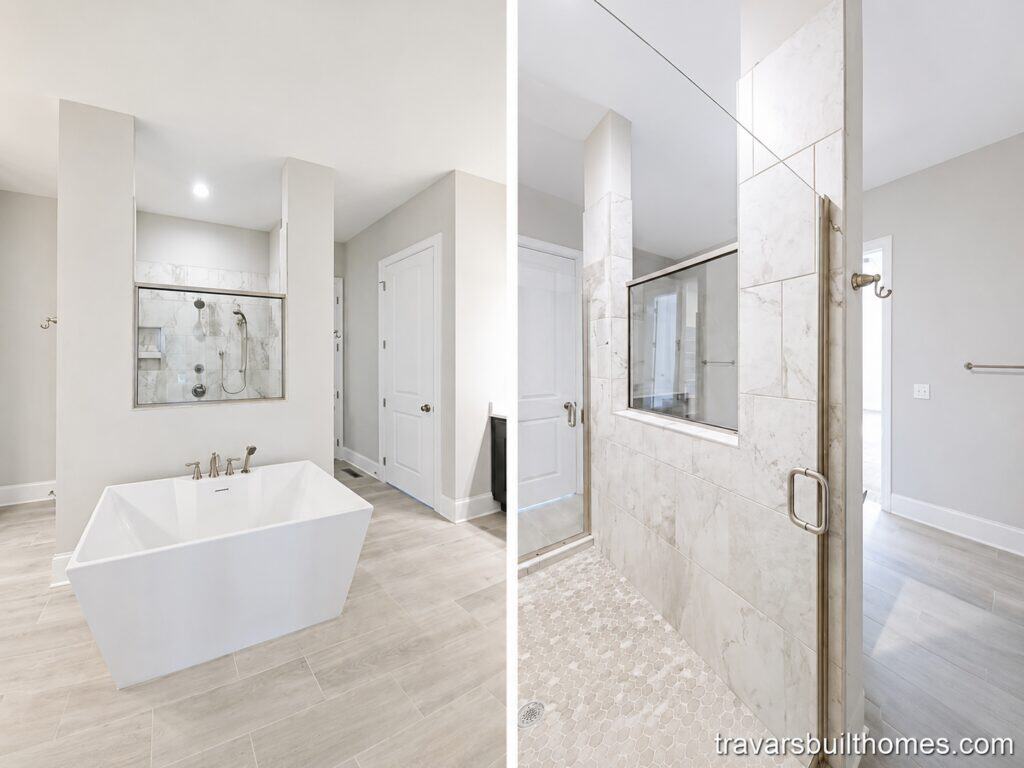 Split view of a luxurious custom primary bathroom featuring a freestanding white soaking tub and a large walk-in shower with a glass enclosure and marble-style tile, by Travars Built Homes.