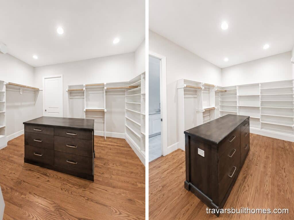 Split view of a spacious custom walk-in closet detailing a dark wood center storage island surrounded by built-in white laminate shelving and warm oak hardwood floors, by Travars Built Homes.