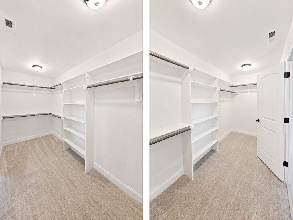 Split perspective of a custom primary walk-in closet detailing white built-in organizational shelving, multiple clothing rods, and soft grey carpeting, crafted by Travars Built Homes.