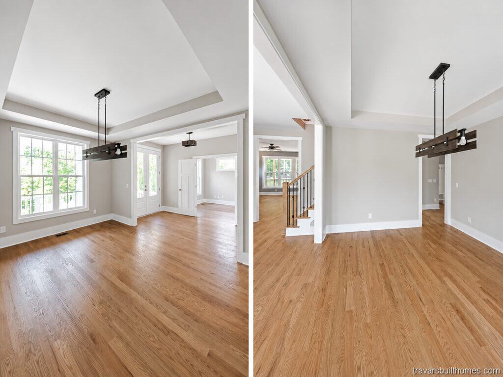 Split view of a formal dining room space featuring warm oak floors, soft greige walls, an elegant tray ceiling, and a rustic linear wood chandelier, seamlessly connecting to the main foyer, crafted by Travars Built Homes.