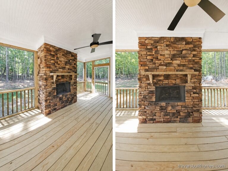 Split perspective of a custom outdoor living space detailing a massive stacked stone fireplace with a thick timber mantel on a covered screened porch with wood decking, by Travars Built Homes.