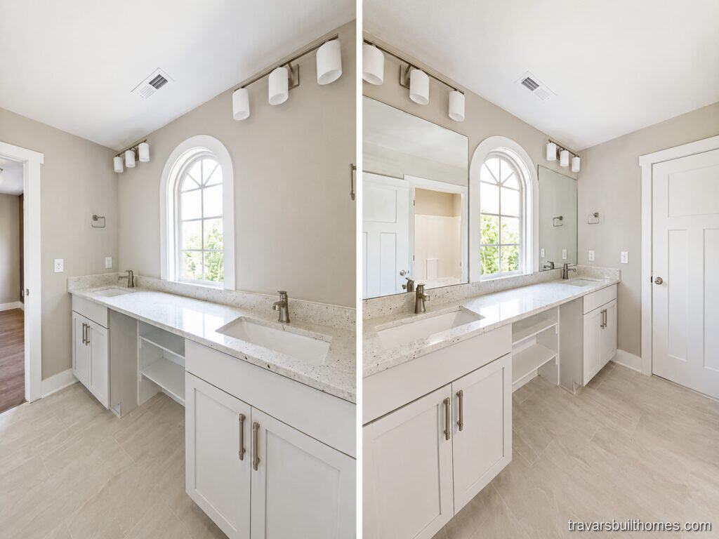 Split perspective of a bright custom bathroom featuring a long white double vanity with a speckled quartz countertop, modern vanity lights, and a classic arched window over the sinks, crafted by Travars Built Homes.