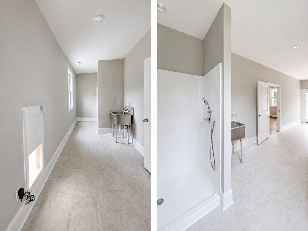 Dedicated custom pet utility room showing a built-in dog door on the left, and a walk-in pet shower station with an adjacent commercial-style stainless steel wash sink on the right, built by Travars Built Homes.