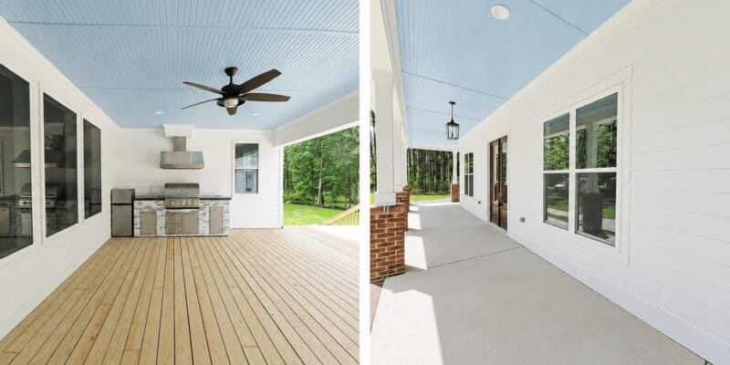 Multi-perspective layout detailing a back screened porch with a built-in outdoor kitchen on the left, and a long covered concrete side porch on the right, both featuring light blue ceilings, by Travars Built Homes.