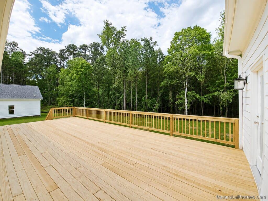 Large open custom wood sun deck bordered by clean timber railings, overlooking a grassy backyard space and private perimeter trees, built by Travars Built Homes.