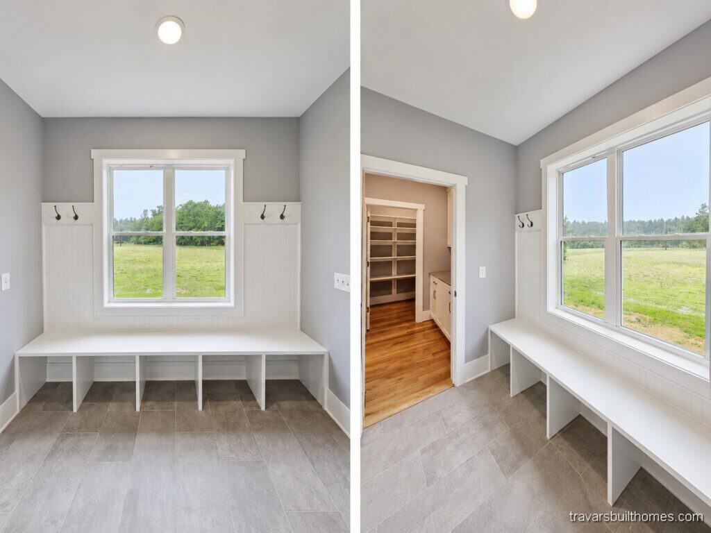 Functional custom mudroom drop zone featuring gray tile floors, gray walls, and a long white storage bench with lower cubbies and dark coat hooks under a bright window, by Travars Built Homes.