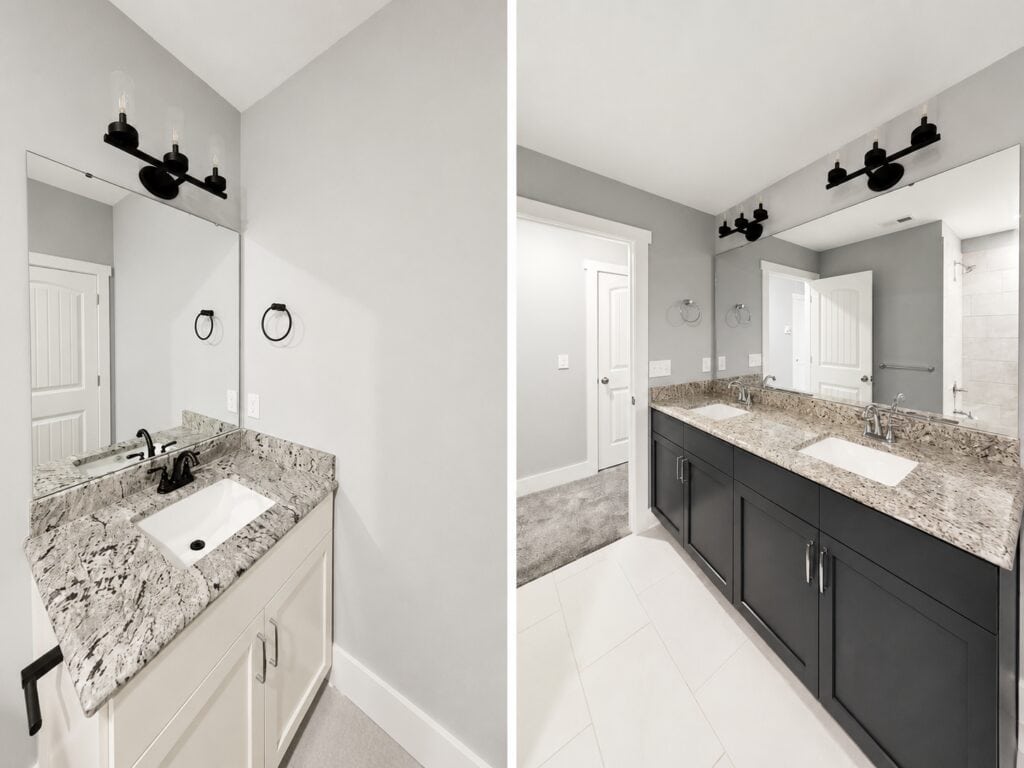 Custom secondary bathroom configurations showcasing a sleek single vanity and a spacious dual vanity with dark cabinetry, granite countertops, and modern black light fixtures, by Travars Built Homes.