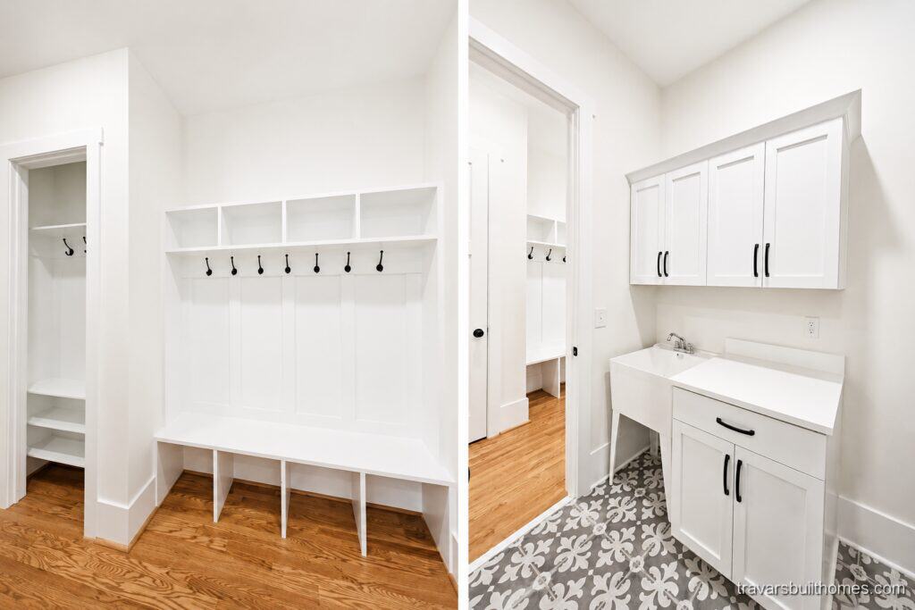 Custom laundry room and mudroom combination showcasing patterned floor tile, a white built-in drop zone with cubbies and coat hooks, and a utility sink with white upper cabinets, by Travars Built Homes.